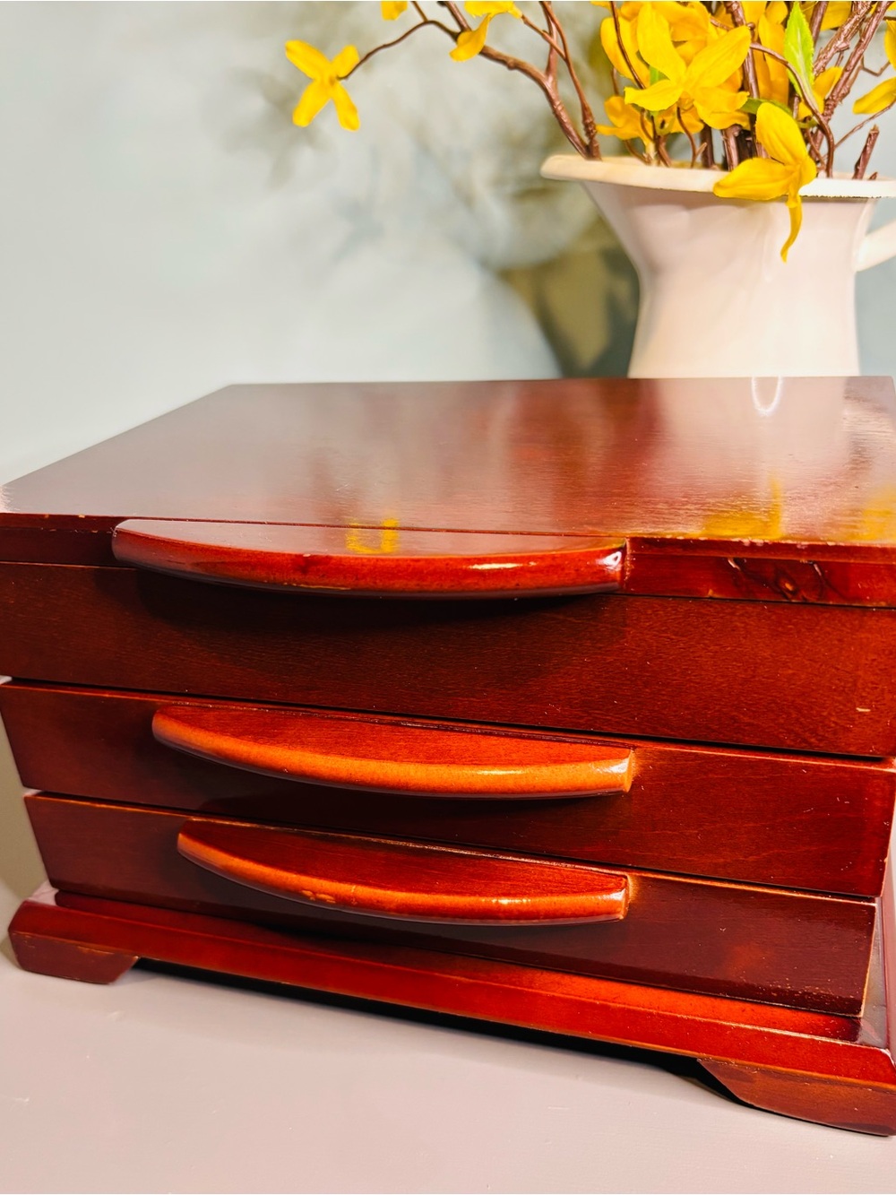 Wooden Jewelry Box with Two Drawers - Red Brown